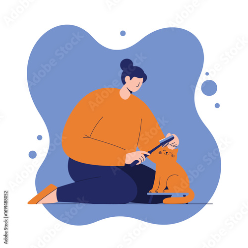 Person gently grooming their happy orange cat with a brush, illustrating pet care and affection. Concept of responsible pet ownership and domestic lifestyle.