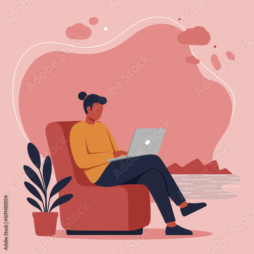 Person comfortably working on a laptop from home or a remote location, showcasing flexible modern work-life balance and online productivity. Ideal for business, education, or lifestyle content.