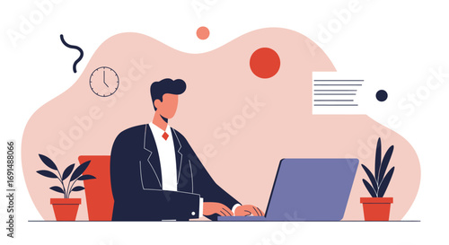 Professional man in a suit working diligently on his laptop in a modern office or remote workspace. Illustrates productivity, business, technology, and contemporary work culture.