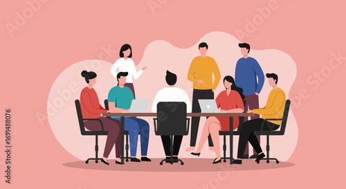 Diverse business team collaborating in a modern office meeting, discussing strategies and ideas. Ideal for corporate productivity and teamwork concepts.