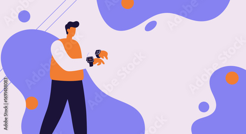 Modern man utilizing multiple smartwatches for enhanced productivity and connectivity in a vibrant digital environment. Ideal for technology, business, and lifestyle concepts.