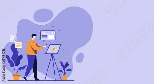 Man in flat design illustration interacting with digital content creation tools, possibly for graphic design, web development, or creative work. Ideal for technology, business, or education concepts.