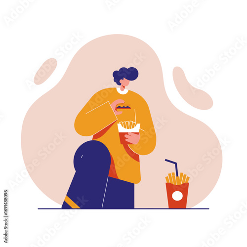 Person enjoying a casual fast food meal, holding a burger and fries with a drink nearby. Ideal for lifestyle, eating habits, or quick service restaurant concepts.