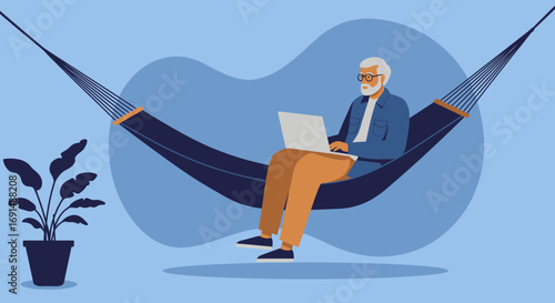 Senior man relaxing in a hammock, working on a laptop. Illustrates retirement, remote work, digital nomad lifestyle, and leisure with technology.
