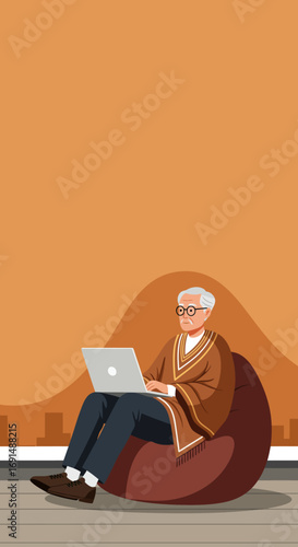 Senior man comfortably works or learns on his laptop from a bean bag chair at home, showcasing digital literacy and a relaxed modern lifestyle.