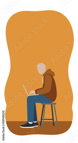 Mature man focused on his laptop, working or learning remotely. Represents digital literacy and technology use for seniors and modern lifestyle.