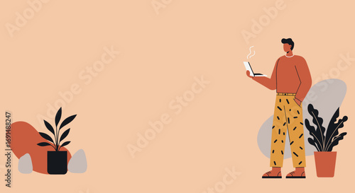 Modern man working remotely with a laptop and coffee in a minimalist, plant-filled environment, embodying flexible work and digital lifestyle.