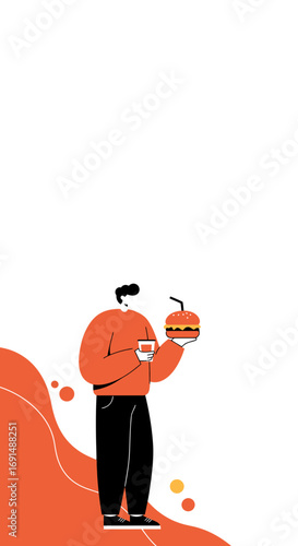 Minimalist illustration of a person holding a large hamburger and a drink. Perfect for depicting fast food, quick meals, or modern casual dining and delivery concepts.