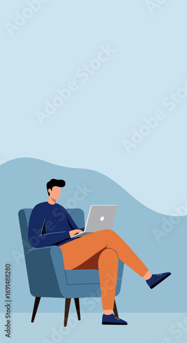 Young man working remotely on laptop from a comfortable armchair, embodying freelance lifestyle, online education, or casual business.