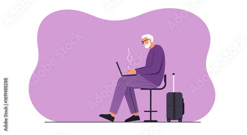 Senior man focused on his laptop with luggage, symbolizing remote work, travel, and a productive digital nomad lifestyle.