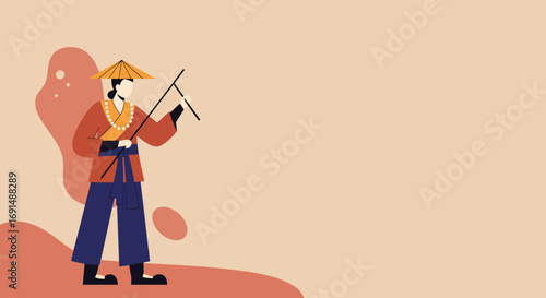 A stylized illustration of a person in traditional East Asian clothing and a conical hat, holding sticks. Represents culture, travel, and historical themes. Perfect for stories or cultural projects.