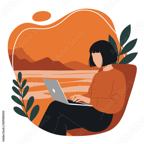 Young woman working remotely on laptop in a tranquil nature setting, embodying productivity and digital nomad lifestyle amidst scenic views.
