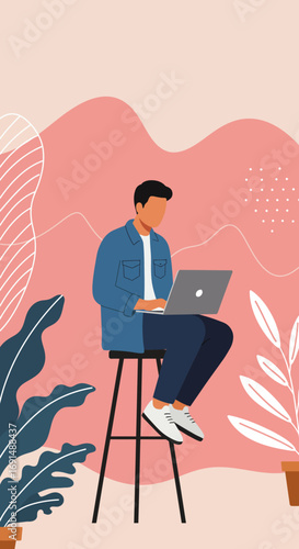 A man sits on a stool, focused on his laptop in a modern, plant-filled setting. Represents remote work, productivity, digital lifestyle, and online learning.