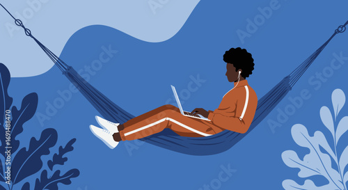 Person enjoying remote work from a hammock outdoors, showcasing a relaxed and productive lifestyle. Ideal for concepts of freedom, digital nomadism, and flexible work.