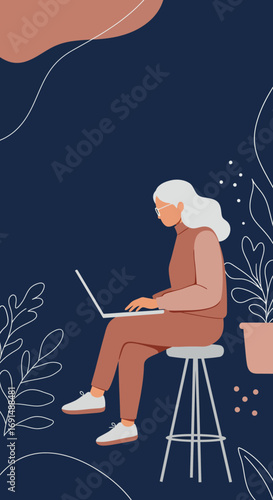 Focused senior woman confidently using a laptop for remote work or online learning, highlighting an active, tech-savvy digital lifestyle.