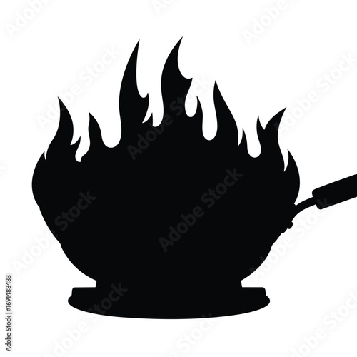 Black silhouette icon of a flaming wok pan cooking with intense fire representing stirfry and Asian cuisine.