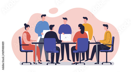 Diverse business team collaborating in a modern office meeting, discussing projects and strategy. Ideal for corporate communication, teamwork, and professional development concepts.