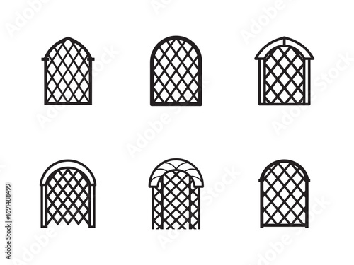Set of Six Elegant Garden Arbors with Lattice Design Black and White Illustration for Landscape Architecture Projects