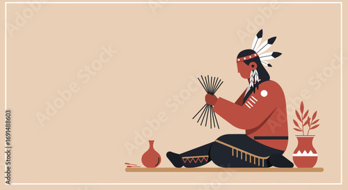Indigenous person in traditional attire crafting with natural materials, showcasing cultural heritage and skilled craftsmanship. Ideal for themes of tradition, diversity, and education.