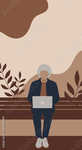 Senior person with grey curly hair uses a laptop on a park bench, highlighting digital literacy and connectivity for older adults in a modern, relaxed setting.