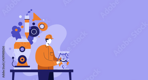 Industrial worker performing maintenance or assembly on a complex machine, representing production, engineering, and innovation in a factory setting.