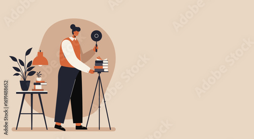 Focused person using a magnifying glass to examine books on a tripod, symbolizing in-depth research, learning, and content creation. Ideal for education, business, and knowledge-seeking concepts.