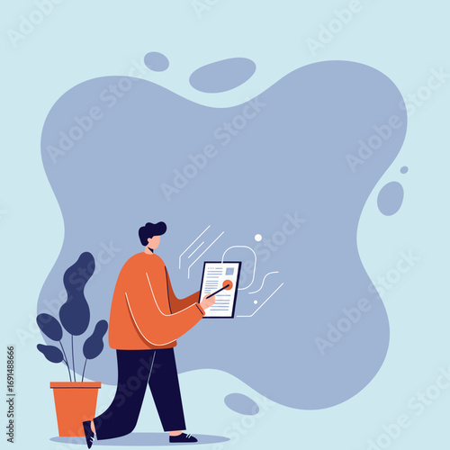 Man engaging with a digital document or tablet using a stylus. Illustrates productivity, planning, and task management for business, education, or creative workflow.