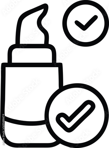 Black line art cream dispenser with check mark for dermatology icon