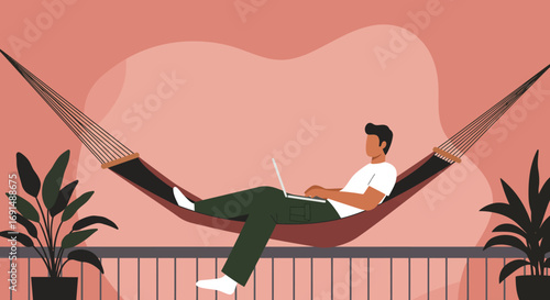 Young man working remotely from a comfortable hammock on a balcony, enjoying a flexible modern lifestyle. Ideal for business, travel, or leisure concepts.