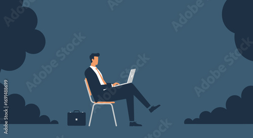 Businessman in a suit works on a laptop, symbolizing remote work, digital productivity, and online business solutions. Captures themes of technology, entrepreneurship, and flexible work.