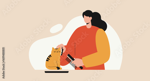 A person tenderly grooms an orange cat with a brush, illustrating pet care, hygiene, and the loving bond between owner and animal. Ideal for pet service promotions.