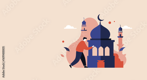 Illustration of a person engaging with an Islamic mosque, symbolizing faith, devotion, and cultural exploration. Perfect for religious events, travel, and community.