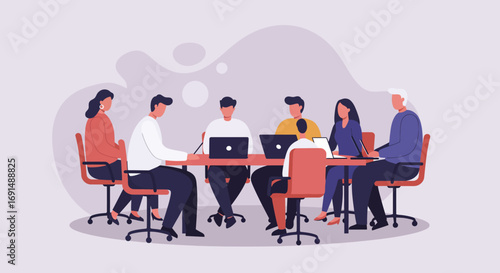 Diverse business team collaborating in a modern office meeting, working on laptops and sharing ideas. Ideal for corporate, teamwork, and innovation concepts.
