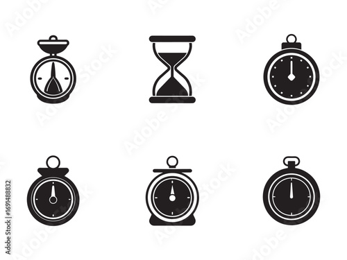 Set of Various Time Measurement Devices Including Hourglass and Stopwatches Represents Time Management Concepts and Deadlines Black and White Vector Illustration