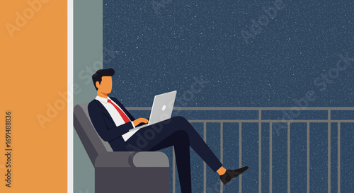 Businessman working remotely on a laptop from a modern balcony, embodying flexibility, productivity, and contemporary lifestyle. Ideal for business, travel, or home office themes.