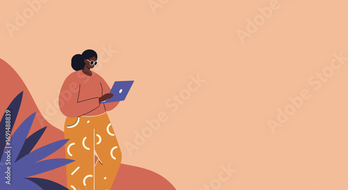 Modern Black woman focused on her laptop, working remotely or studying online. Represents digital lifestyle, education, and connectivity.