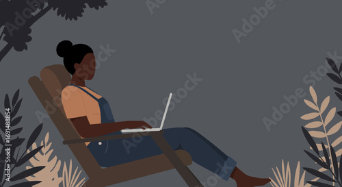 Relaxed woman working on laptop outdoors, embodying remote work and modern digital lifestyle. Perfect for productivity, flexibility, and comfort concepts.
