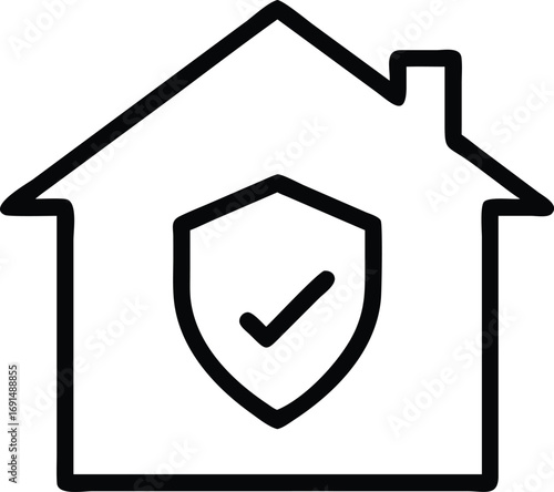 Black line art house icon with shield and checkmark inside symbol