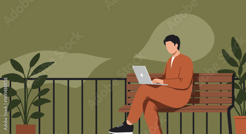 Man working on a laptop outdoors, sitting on a bench in a serene green environment. Represents remote work, modern lifestyle, flexibility, and productivity.