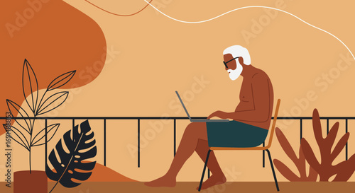 An older man with a beard and sunglasses works remotely on a laptop from a sunny balcony, embodying modern retirement, travel, and digital nomad lifestyle.