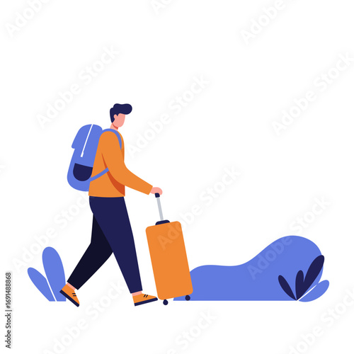 Illustrated person with a backpack and suitcase walking, ready for a journey. Represents travel, vacation, business trips, or moving concepts.