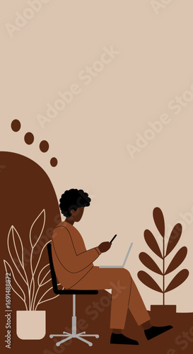 A person works efficiently from a comfortable home office, multitasking with a laptop and smartphone. Perfect for modern work, freelance, and remote business concepts.