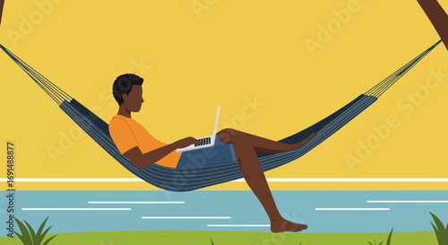 Person relaxing in a hammock outdoors while working on a laptop, embodying remote work and a flexible lifestyle by the water.