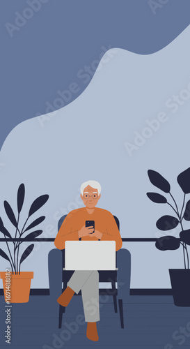 Senior person confidently using a smartphone and laptop in a modern home environment. Represents digital connectivity, remote work, and an active lifestyle.
