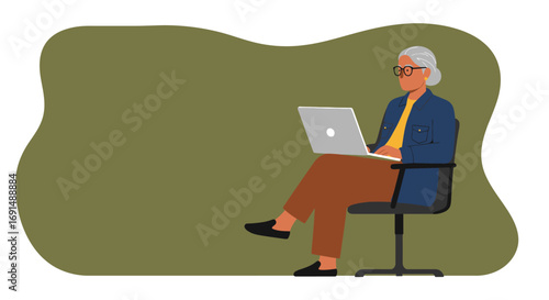 Senior woman with glasses using a laptop, sitting comfortably on an office chair. Represents remote work, learning, or online activity for active seniors and business.