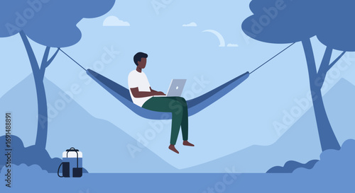 Young man working remotely on his laptop while relaxing in a hammock amidst a peaceful natural landscape. Represents freedom, work-life balance, and modern travel.