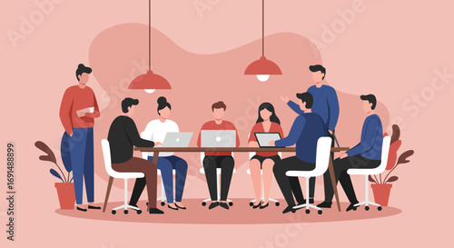 Diverse business team collaborating in a modern office meeting, discussing ideas and working together on laptops. Ideal for concepts of teamwork, productivity, and corporate communication.