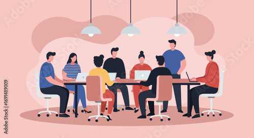 Diverse team collaborates in a modern office meeting, utilizing laptops for discussion and planning. Ideal for business, teamwork, and corporate concepts.