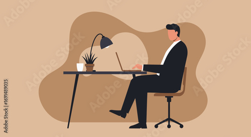 Professional businessman working diligently on a laptop at his desk, suitable for concepts of remote work, productivity, or online business.