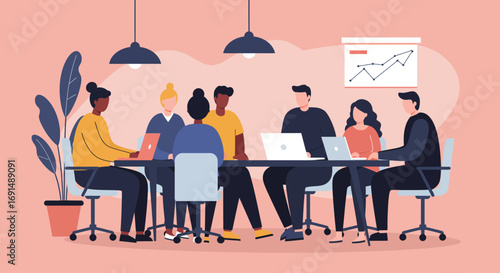 Diverse business team collaborating in a modern office meeting, discussing strategy, projects, and growth. Ideal for corporate and startup themes.